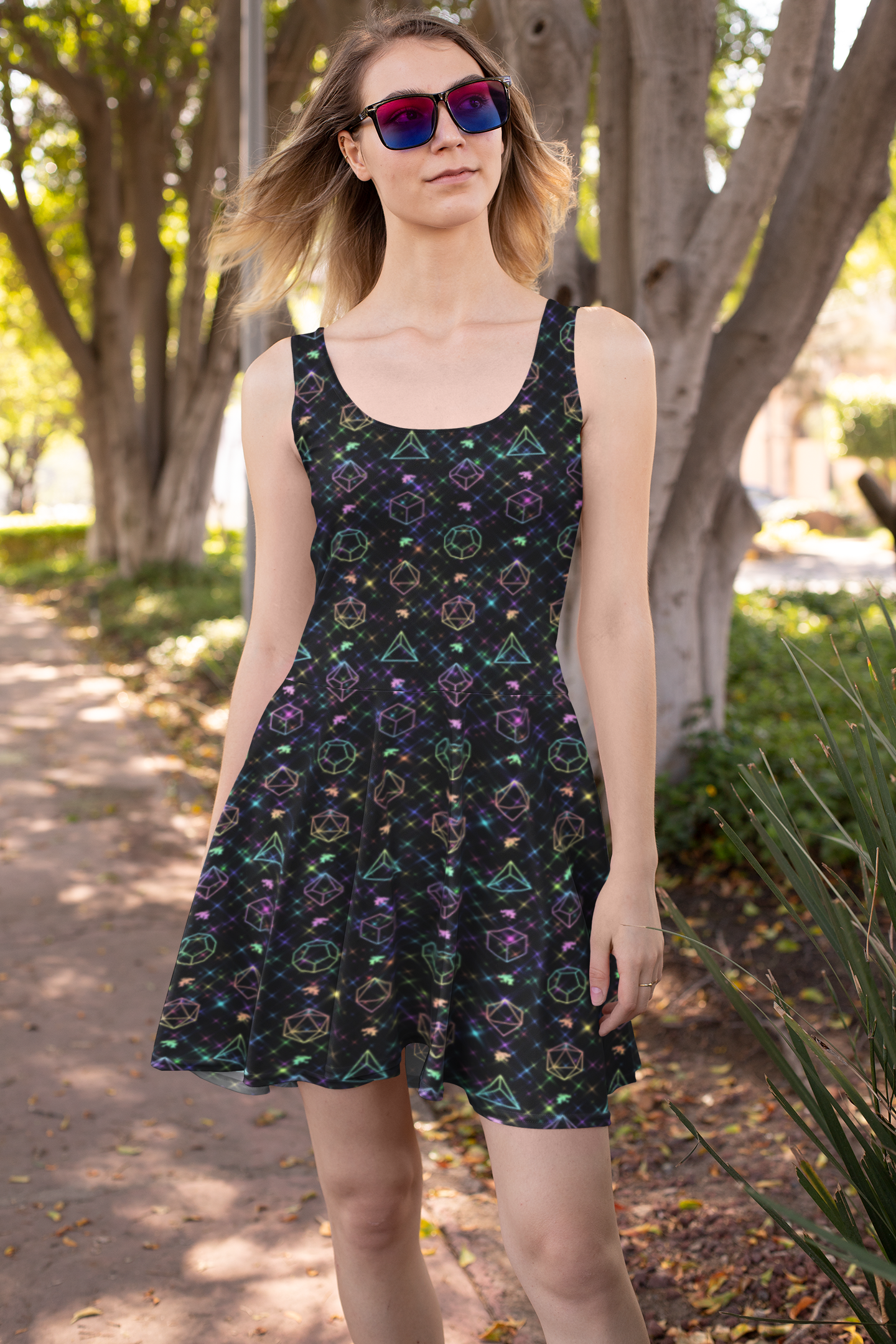 Rainbow Starry Night of Dice Skater Dress