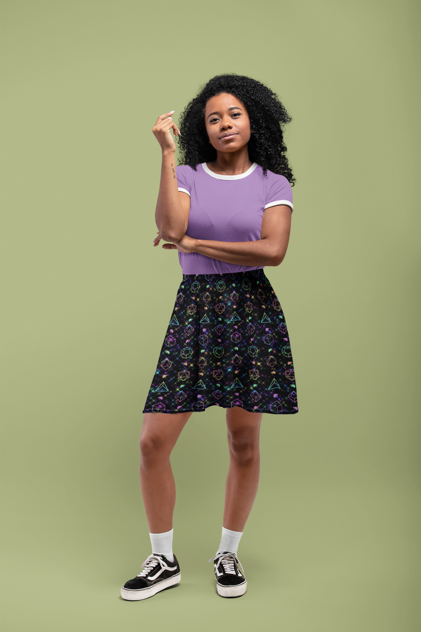 Rainbow Starry Night of Dice Skater Skirt