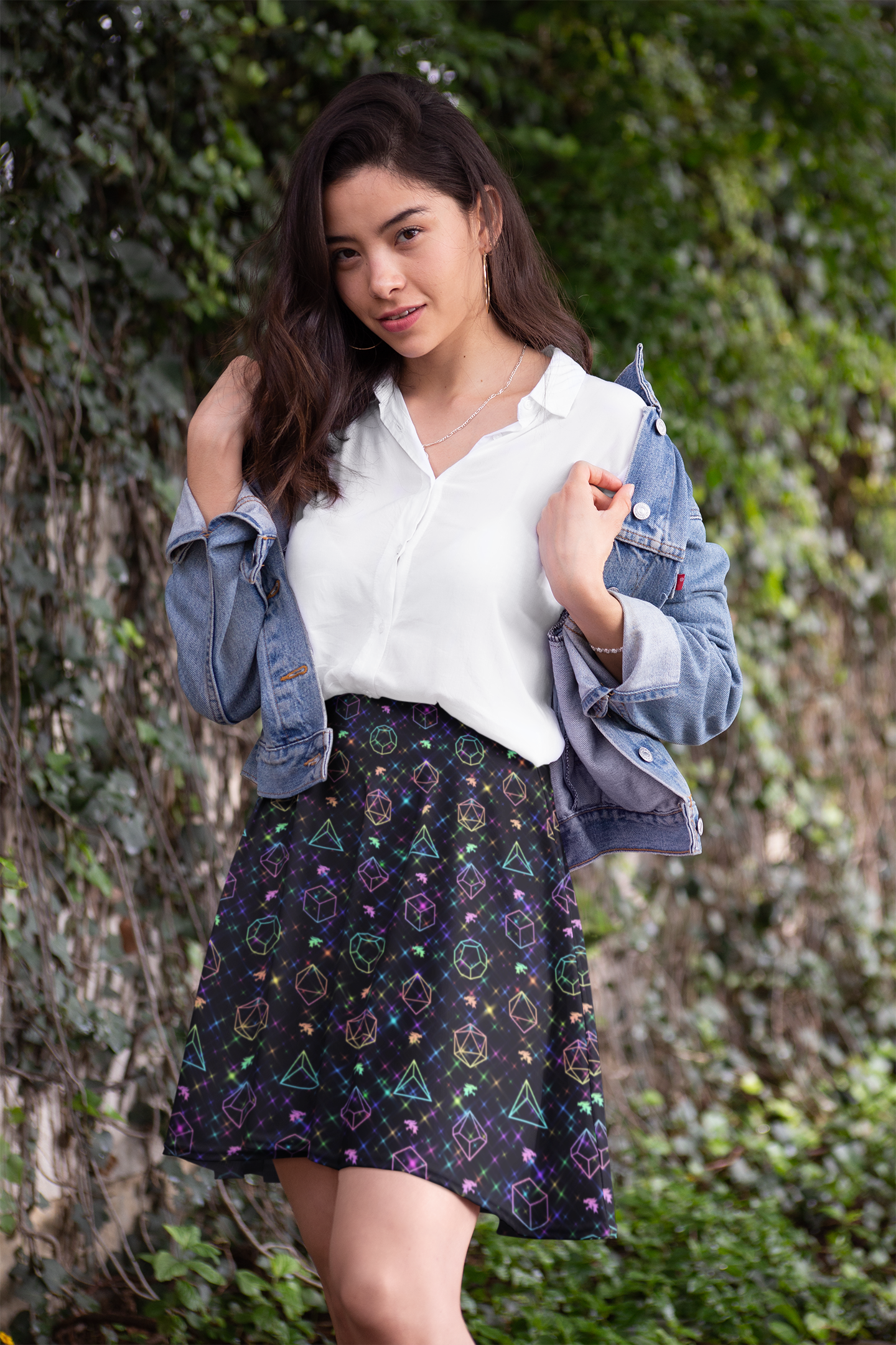 Rainbow Starry Night of Dice Skater Skirt