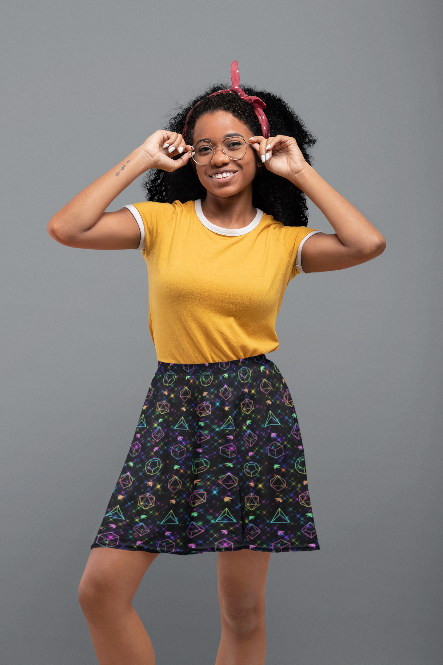 Rainbow Starry Night of Dice Skater Skirt