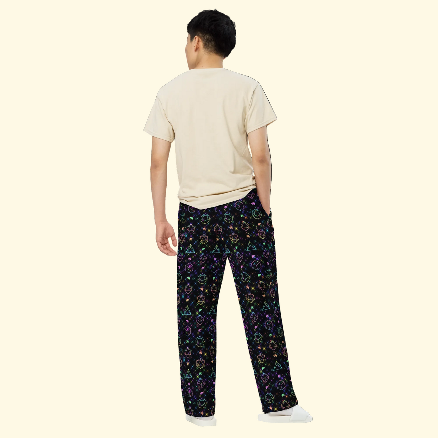 Back view of Rainbow D&D Dice Wide-Leg Pants