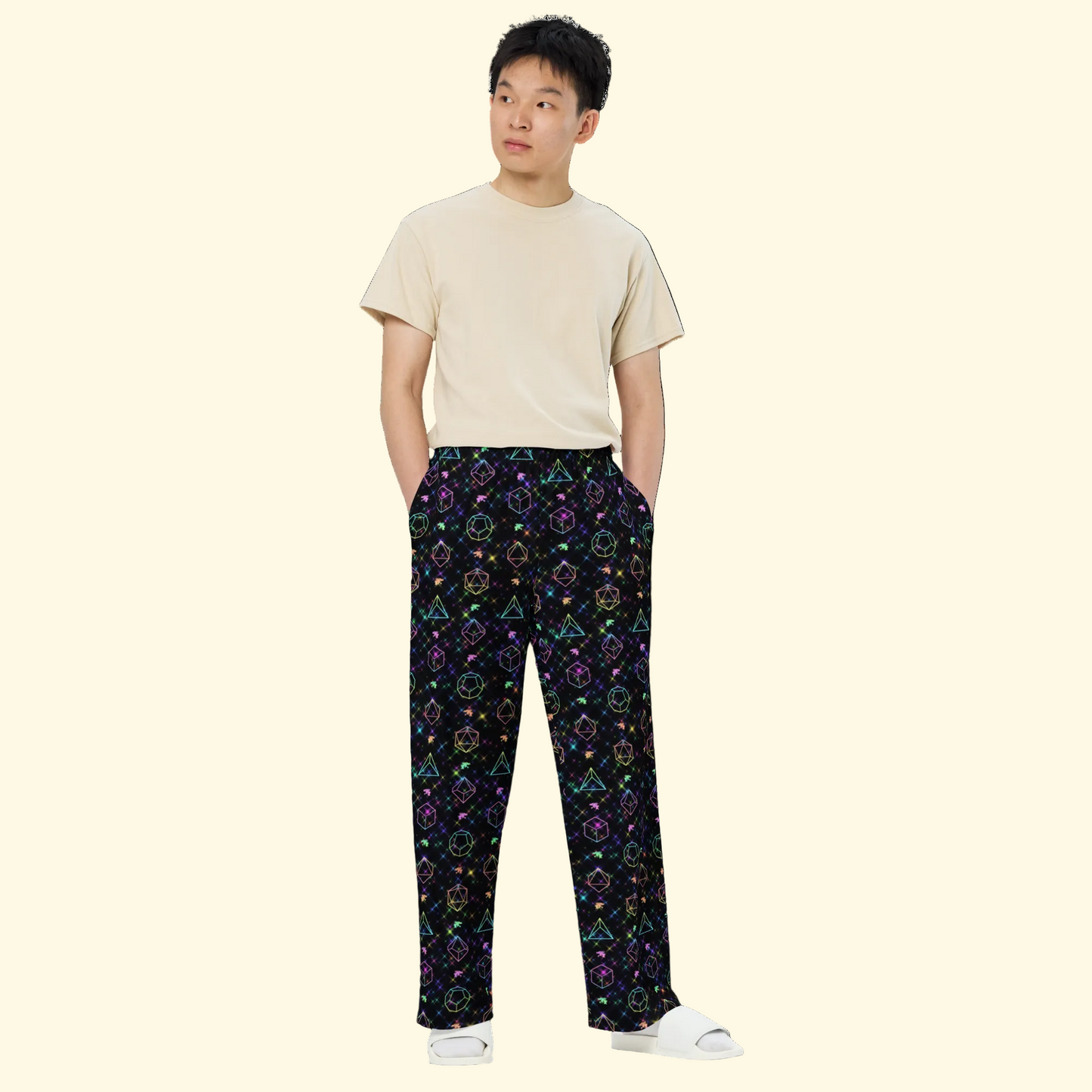 Model wearing Rainbow D&D Dice Wide-Leg Pants