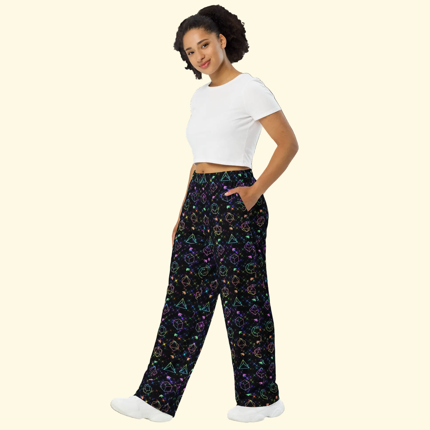 Side view of Rainbow D&D Dice Wide-Leg Pants