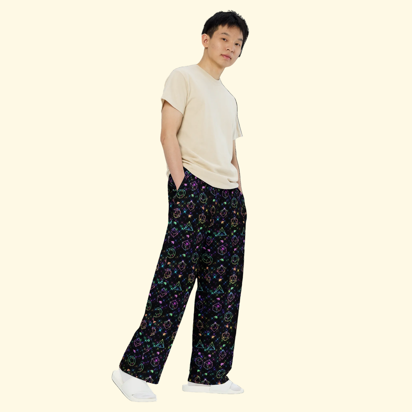 Three-quarter view of Rainbow D&D Dice Wide-Leg Pants