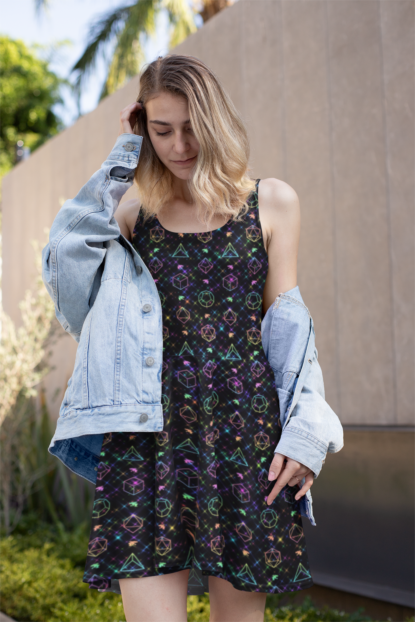 Rainbow Starry Night of Dice Skater Dress