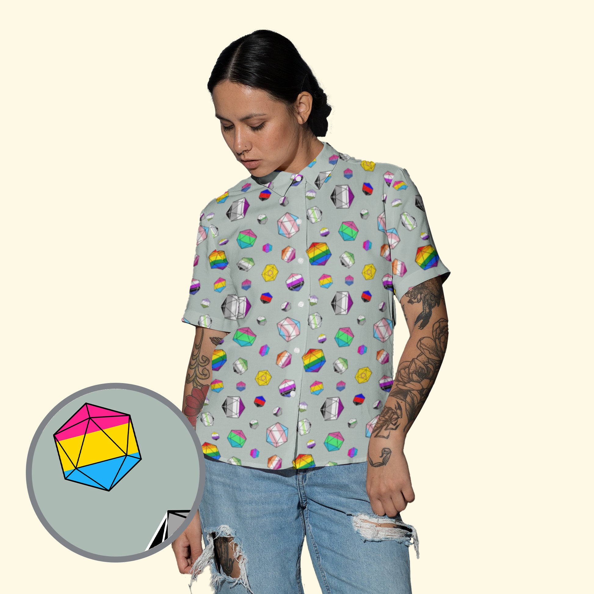 Model wearing Pride Dice Button Down Shirt